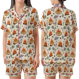 Outdoor Lovers' Whimsical Campfire S'mores Rustic Sage Orange Cream Pattern Satin Short-Sleeve Pajamas Set