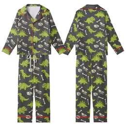 Dinosaur Lovers' Whimsical Lime Green Cartoon Dinosaur & Off-White Fossil Repeat Pattern on Dark Charcoal Grey Kid Satin Pajamas Set