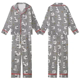 Whimsical Style Fans' Hand-Drawn Playful Cartoon Foxes Muted Grey Mustard Yellow Pattern Kid Satin Pajamas Set