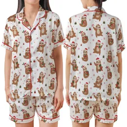 Sloth Lover's Merry Slothmas Sleep Set: All-Over Cartoon Sloth & Santa Hat Polyester Blend Satin Short-Sleeve Pajamas Set