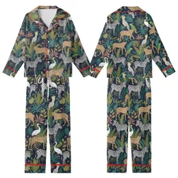 Women's Navy Jungle Animal Print Ultra-Soft Cotton Sleepwear Ensemble: Hand Block Leopard Zebra Bird Design Kid Satin Pajamas Set