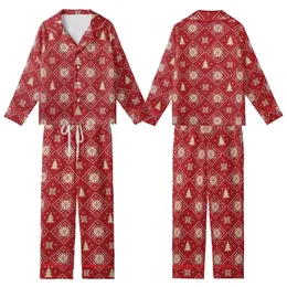 Winter Style Enthusiasts' Deep Red Fair Isle Geometric Diamond Snowflake Reindeer & Tree Pattern Kid Satin Pajamas Set