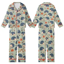 Nature Lovers' Whimsical Hedgehog Orange-Red Maple Leaf Sage Green Pattern Kid Satin Pajamas Set