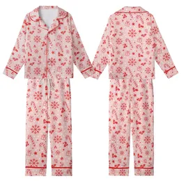 Women's Pastel Pink Candy Cane, Snowflake, & Holly Christmas Loungewear Pajama Set Kid Satin Pajamas Set