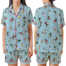 Festive Winter Fun: Hand-Drawn Snow Angels, Skaters, Snowmen Pattern - Cheerful Sky Blue Design Satin Short-Sleeve Pajamas Set