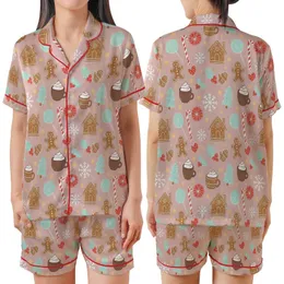 Women's Cozy Muted Pink Gingerbread Sleep Set: Festive Cookie, Holly & Candy Cane Print Satin Short-Sleeve Pajamas Set