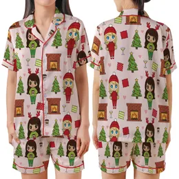 Chibi Best Friends Christmas Pajamas Clipart: Cozy Soul Sisters Pattern PNG Satin Short-Sleeve Pajamas Set