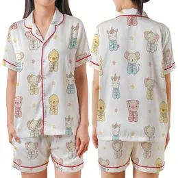 Children's Room Decor: Praying Baby Animals in Pastel Pajamas Seamless Pattern Satin Short-Sleeve Pajamas Set