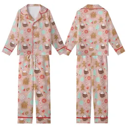 Women's Cozy Muted Pink Gingerbread Sleep Set: Festive Cookie, Holly & Candy Cane Print Kid Satin Pajamas Set