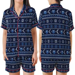 Scandinavian Fair Isle Night Owl Pajamas: Navy Blue Owl, Moon & Star Pattern Kid Satin Pajamas Set