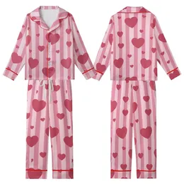 Ladies Personalized Pastel Rose Pink Vertical Stripe All-Over Heart Print Long Jersey Sleep Set Kid Satin Pajamas Set