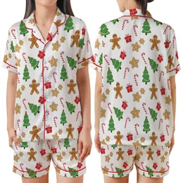 Family Matching Long Sleeve Sleep Set: Whimsical Gingerbread & Christmas Pattern - Soft Polyester Spandex Satin Short-Sleeve Pajamas Set