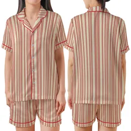 Family Christmas: Cream & Red Triple Vertical Stripe Polyester Spandex Pajamas Set Satin Short-Sleeve Pajamas Set