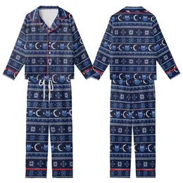 Scandinavian Fair Isle Night Owl Pajamas: Navy Blue Owl, Moon & Star Pattern Kid Satin Pajamas Set