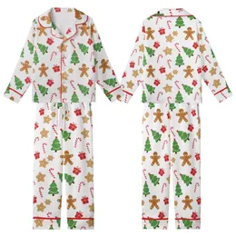 Family Matching Long Sleeve Sleep Set: Whimsical Gingerbread & Christmas Pattern - Soft Polyester Spandex Kid Satin Pajamas Set