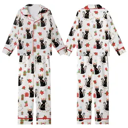 Matching Family Christmas Pajamas: Whimsical Black Cat, Poinsettia & Snowflake Design - Soft Poly Spandex Kid Satin Pajamas Set