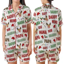 Festive  Pattern: Glitter Knit Leopard Reindeer Santa Holly Lights Satin Short-Sleeve Pajamas Set