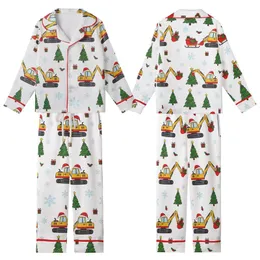 Cheerful Yellow Excavator: Santa Hat Digger Christmas Presents & Tree Seamless Pattern - Holiday Print Kid Satin Pajamas Set
