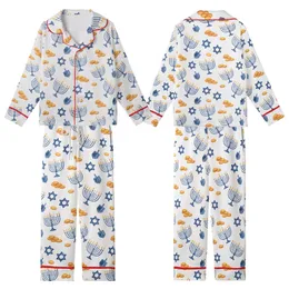 Families' Festive Hanukkah Watercolor Pattern with Blue Menorahs, Dreidels, Stars, Golden Gelt Kid Satin Pajamas Set