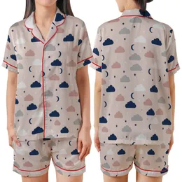 Gentle Aesthetic Lovers' Delicate Illustrative Pale Pink Muted Grey Navy Celestial Organic Pattern Satin Short-Sleeve Pajamas Set