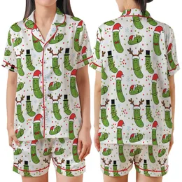 Family's Funny Pickle Christmas Pajamas: Cartoon Santa Hat, Reindeer Antler & Lights Pattern Satin Short-Sleeve Pajamas Set