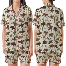 Women's Retro Cowgirl Pajamas: Hand-Drawn Bronc Rider & Saguaro Western Cotton PJs Satin Short-Sleeve Pajamas Set