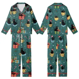 Cat Lover's Teal Black Cat Christmas Pajama Set: Whimsical Santa Hat, Light & Gift Pattern Kid Satin Pajamas Set