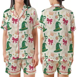 Family Wicked Whimsical Pajamas: Emerald Witch Hat & Fuchsia Bow Knit Set Satin Short-Sleeve Pajamas Set