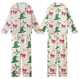 Family Wicked Whimsical Pajamas: Emerald Witch Hat & Fuchsia Bow Knit Set Kid Satin Pajamas Set