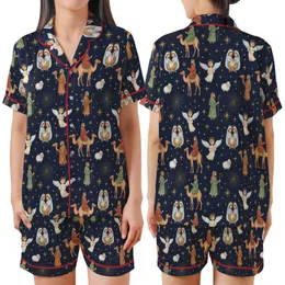 Whimsical Nativity Watercolor Pattern: Manger Scene Angels Wise Men Camels Fabric Print Satin Short-Sleeve Pajamas Set