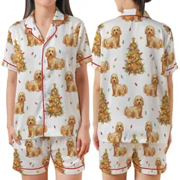 Goldendoodle & Labradoodle Fans: Festive Apricot Doodle Watercolor Christmas Pajama Pants Satin Short-Sleeve Pajamas Set
