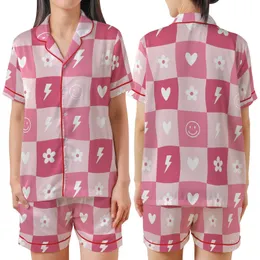 Playful Spirits' Vibrant Pastel Pink Wavy Checkerboard Smiling Faces Hearts Pattern Satin Short-Sleeve Pajamas Set