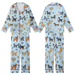 Dog Lovers' Cartoon Hanukkah Celebration Light Blue Pattern with Golden Menorahs & Playful Pups Kid Satin Pajamas Set