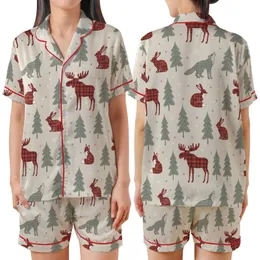 Winter Season Lovers' Rustic Beige Red Plaid Animal Forest Muted Pine Tree Snowflake Pattern Satin Short-Sleeve Pajamas Set