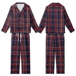 Classic Style Aficionados' Heritage Tartan Plaid Deep Maroon Navy Blue Cream Geometric Pattern Kid Satin Pajamas Set