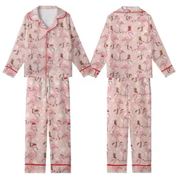 Women's Whimsical Pink Flamingo Christmas Sleep Set: Santa Hat & String Light Holiday Pattern Kid Satin Pajamas Set