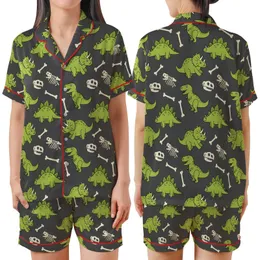 Dinosaur Lovers' Whimsical Lime Green Cartoon Dinosaur & Off-White Fossil Satin Short-Sleeve Pajamas Set