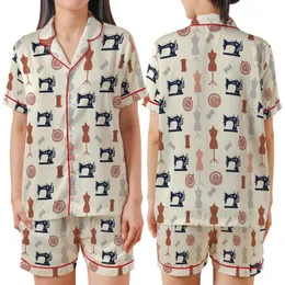 Sewing Enthusiasts' Retro Illustrative Pale Cream Navy Grey Pink Vintage Sewing Machine & Spools Pattern Satin Short-Sleeve Pajamas Set