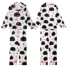Family Long Sleeve Pajama Set: Whimsical Fluffy Black Cat Christmas Lights & Stars Pattern - Soft Polyester Spandex Sleepwear Kid Satin Pajamas Set