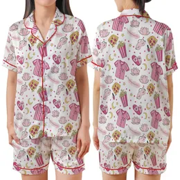 Teen Tween Pink Slumber Party Sleep Set: Playful Pizza, Pajama, Popcorn & Star Pattern Satin Short-Sleeve Pajamas Set