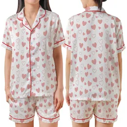 Women's White Crinkle Muslin Pajamas: Pink Heart Pattern - Organic Cotton 3-Piece Set Satin Short-Sleeve Pajamas Set