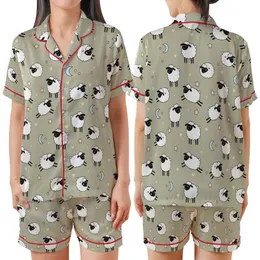 Farmer Girl's Sheep Pajama Set: Cute Cartoon Lambs & Stars Pattern - Soft Poly-Spandex Sleepwear Satin Short-Sleeve Pajamas Set