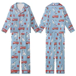 Family Christmas Pajamas: Whimsical Fire Truck Dalmatian Pattern Long Sleeve Matching Sleep Set Kid Satin Pajamas Set