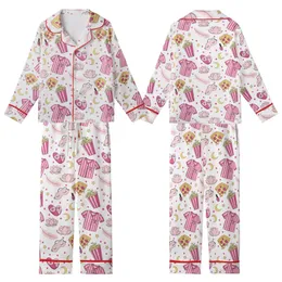 Teen Tween Pink Slumber Party Sleep Set: Playful Pizza, Pajama, Popcorn & Star Pattern Kid Satin Pajamas Set