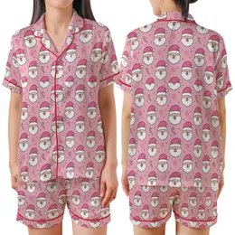 Family Christmas Pajamas: Whimsical Bubblegum Pink Hot Pink Santa & Snowflake Pattern - Flame Resistant Polyester Set Satin Short-Sleeve Pajamas Set