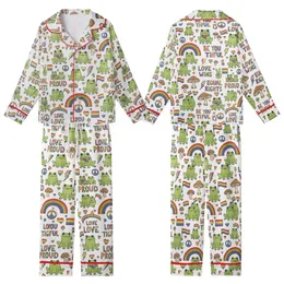 Uplifting Art Lovers' Whimsical Frogs & Rainbow Symbols Pattern, Affirmation Text in Vibrant Green, Full Spectrum Colors Kid Satin Pajamas Set