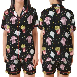 Popcorn & Pajamas Party: Whimsical Chalkboard Popcorn & Sleepwear Pattern Comfort Loungewear Set Satin Short-Sleeve Pajamas Set