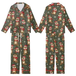 Festive Animal Lovers' Playful Brown Otters Red Santa Hats Scarves Dark Olive Green Snowflake Seamless Pattern Kid Satin Pajamas Set
