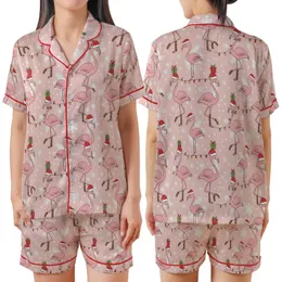 Women's Whimsical Pink Flamingo Christmas Sleep Set: Santa Hat & String Light Holiday Pattern Satin Short-Sleeve Pajamas Set