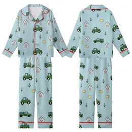Farm Life Enthusiasts' Light Blue Hand-Drawn Minimalist Farm Vehicle Barn Pattern Kid Satin Pajamas Set